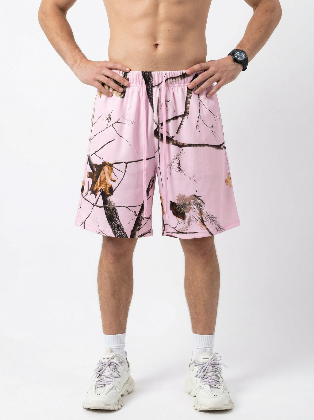 240GSM Unisex Branch Print Relaxed Fit Quick-Dry Cotton Shorts Light Pink