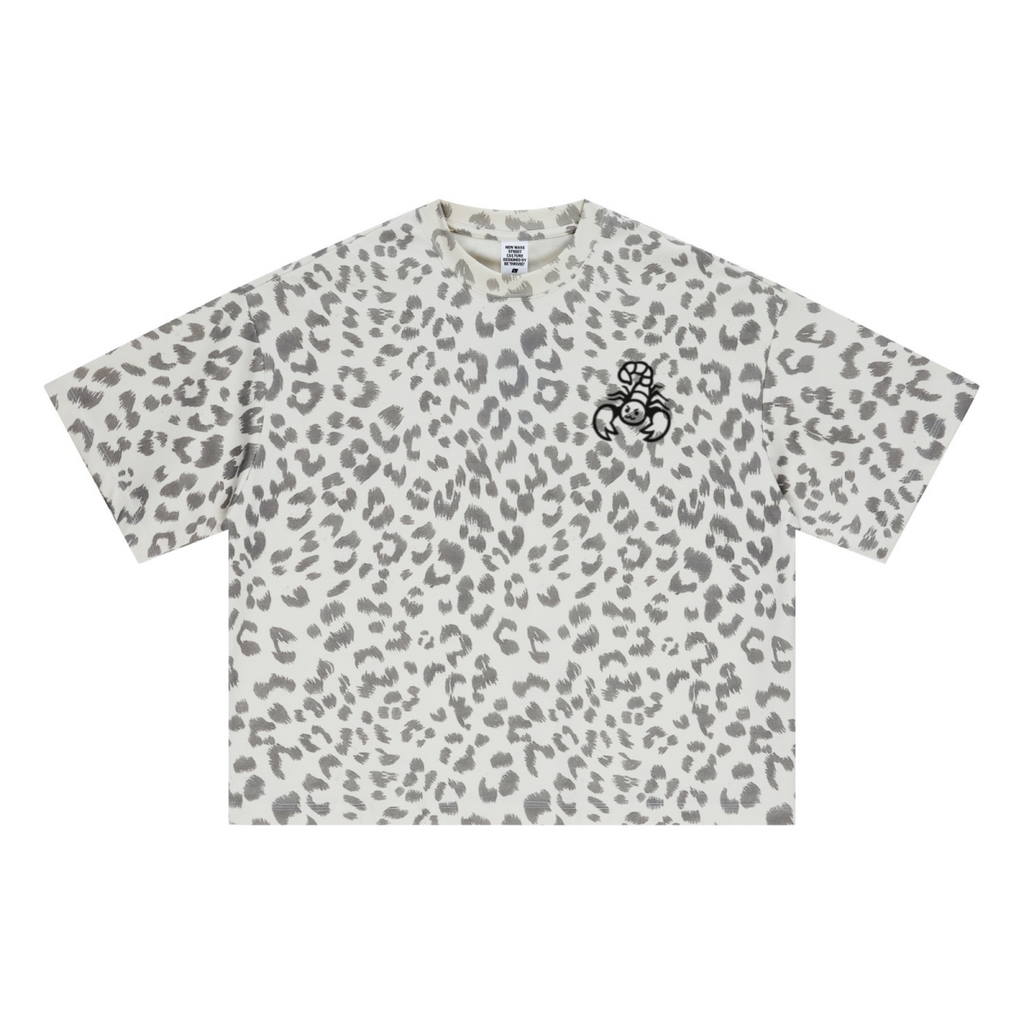 240GSM Unisex Boxy Leopard Print Heat-Transfer Loose T-shirt Gray apricot