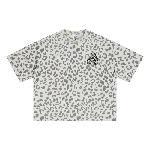 240GSM Unisex Boxy Leopard Print Heat-Transfer Loose T-shirt Gray apricot