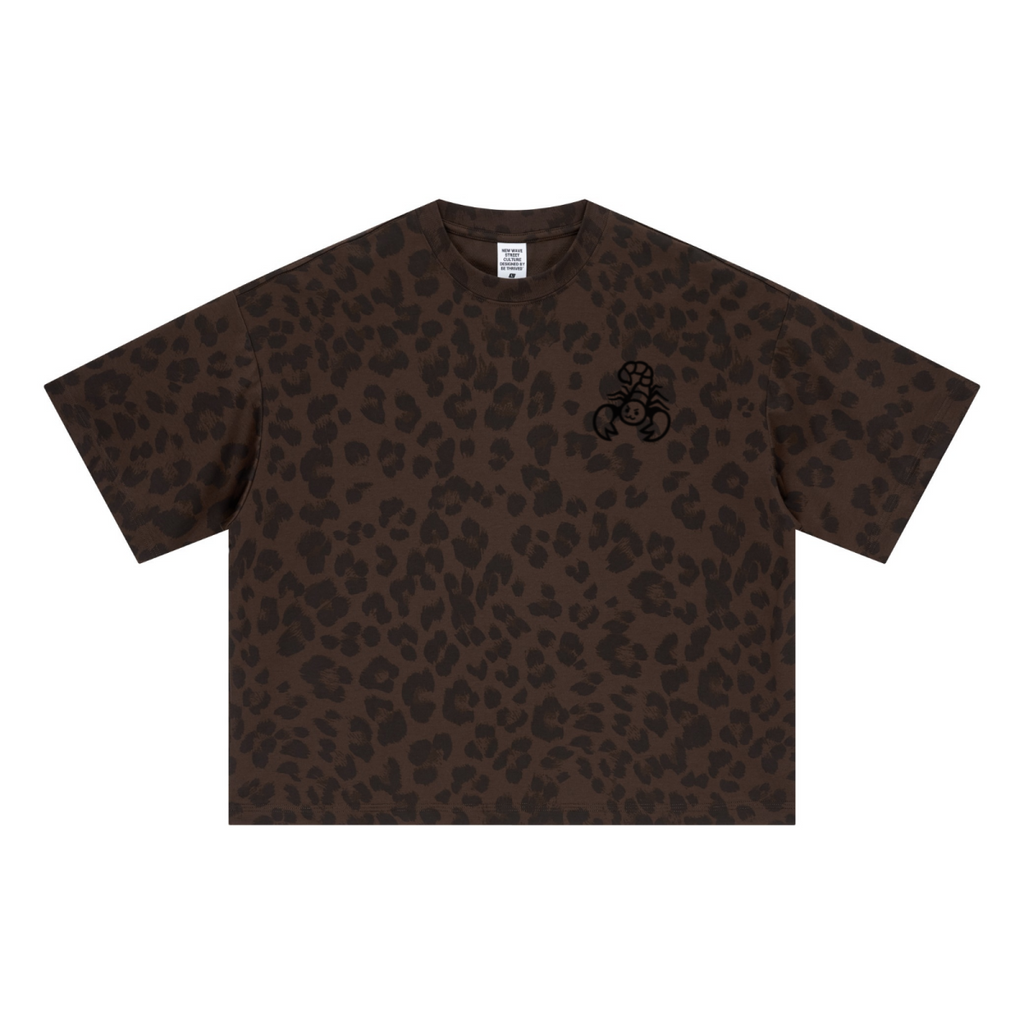 240GSM Unisex Boxy Leopard Print Heat-Transfer Loose T-shirt Coffee 