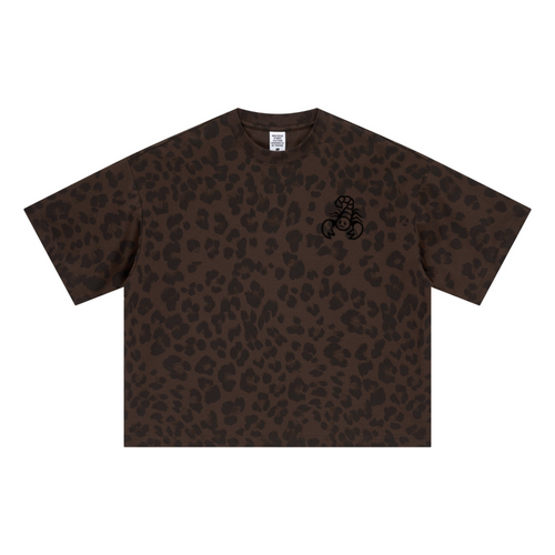 240GSM Unisex Boxy Leopard Print Heat-Transfer Loose T-shirt Coffee 