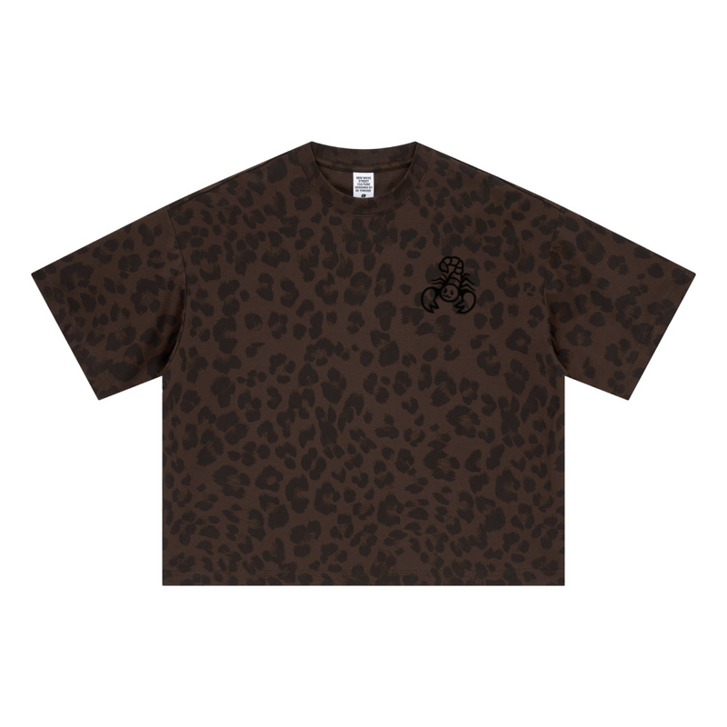 240GSM Unisex Boxy Leopard Print Heat-Transfer Loose T-shirt Coffee 