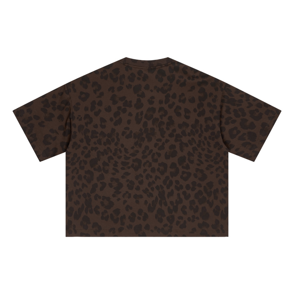 240GSM Unisex Boxy Leopard Print Heat-Transfer Loose T-shirt Coffee 