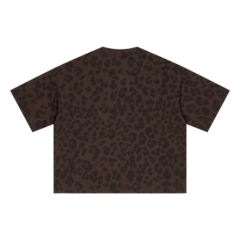 240GSM Unisex Boxy Leopard Print Heat-Transfer Loose T-shirt Coffee 